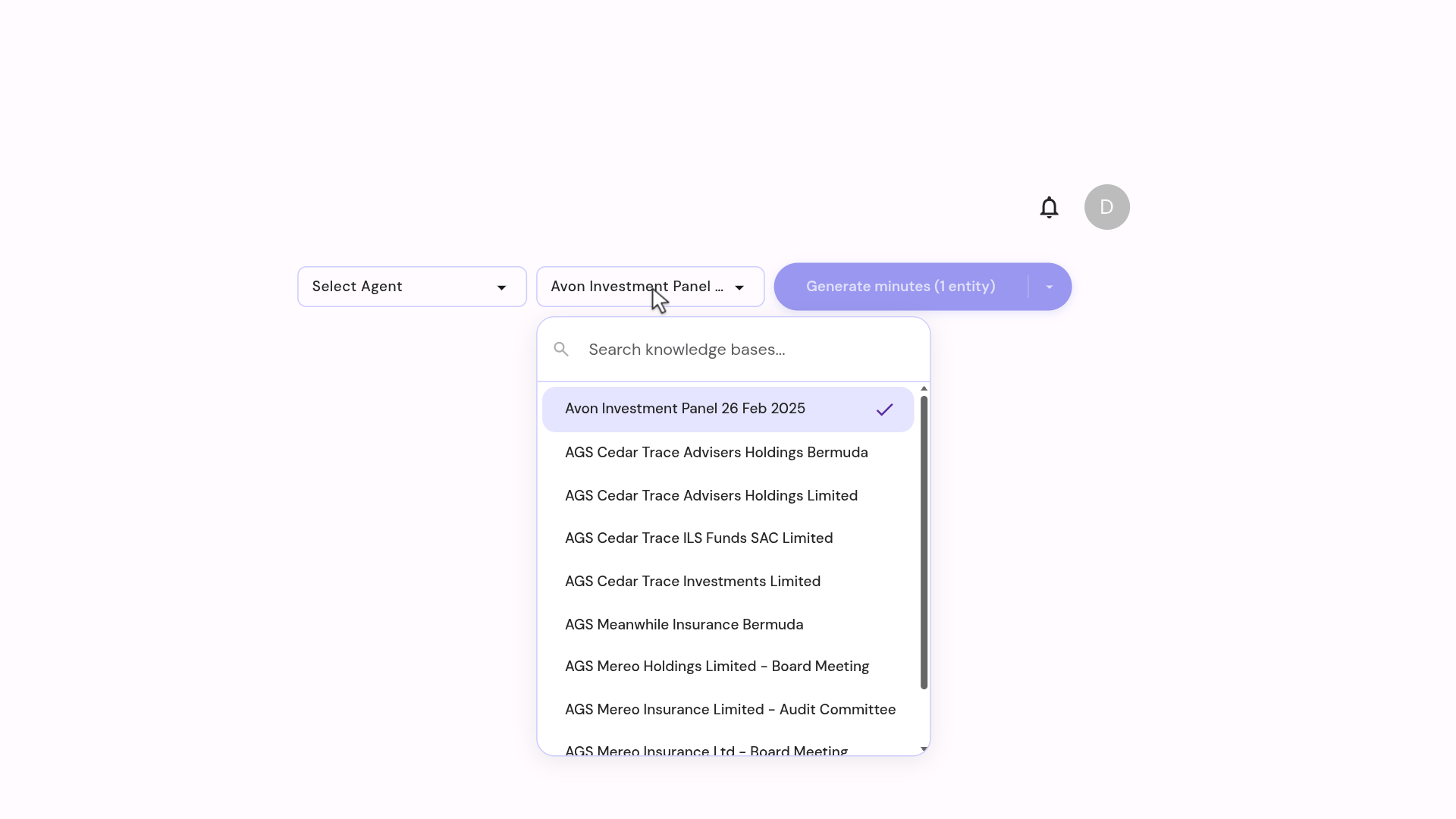 The knowledge base selector open, with the attached knowledge base pinned to the top of the list and ticked.