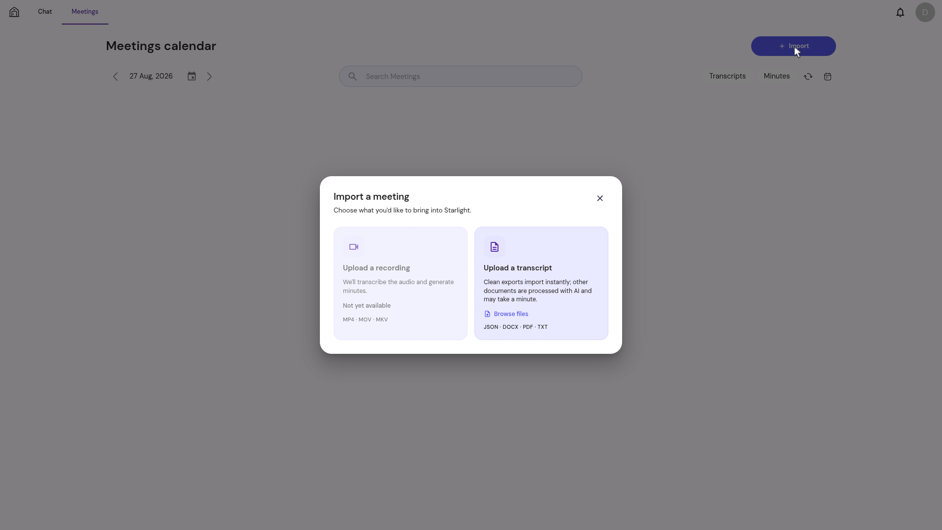 The Import a meeting dialog, offering transcript upload in JSON, DOCX, PDF or TXT.
