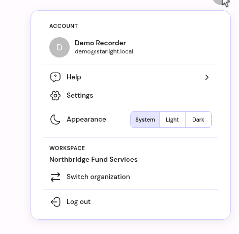 The profile menu showing the current workspace and a Switch organization option.